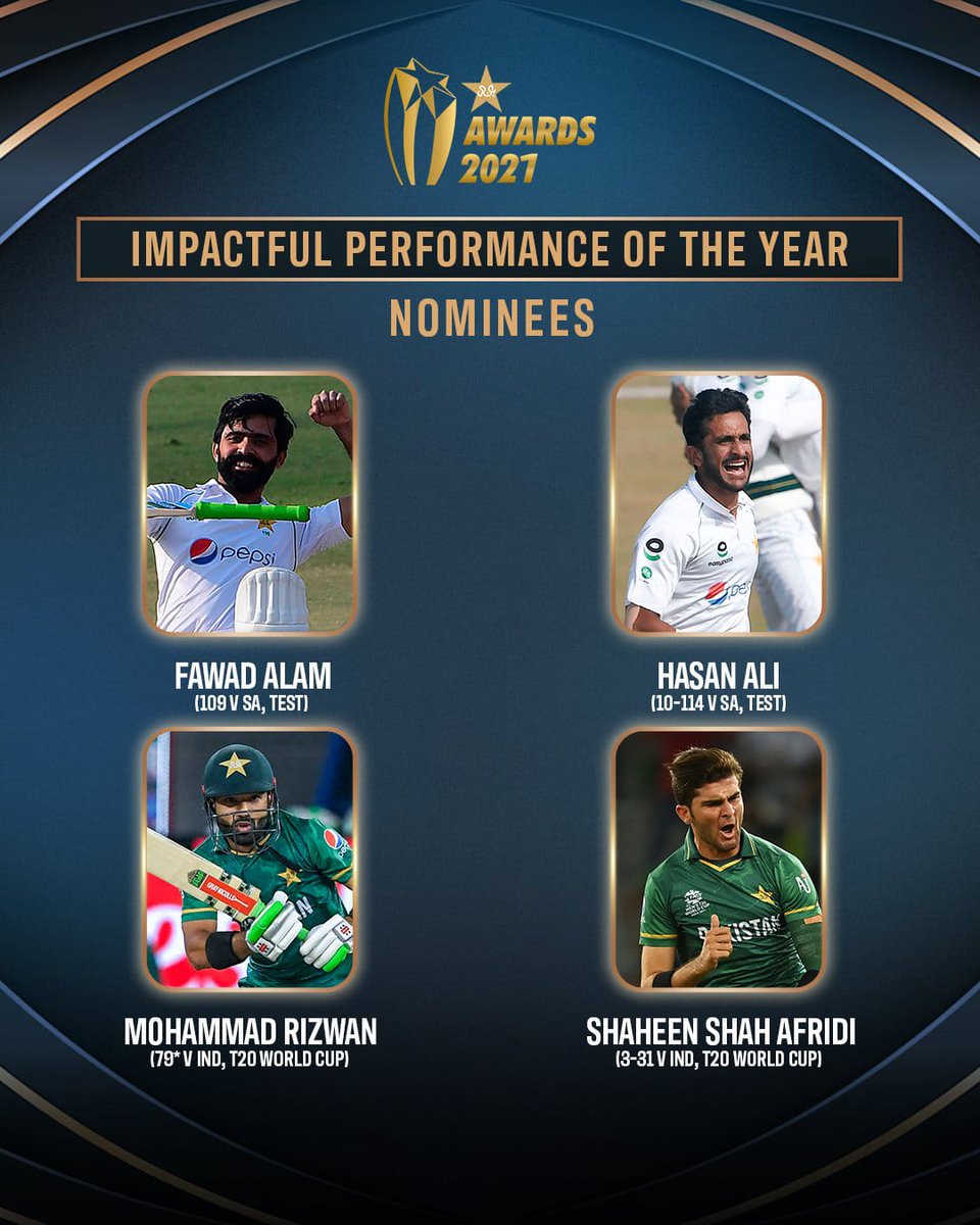 ImranRlazFan's tweet photo. With PCB Awards 2021 just around the corner, it's time to unveil the categories and the nominations. Here are the nominees for the "impactful performance of the year". Who do you think will win?
#PCBawards2021 https://t.co/bODxyA6Ket