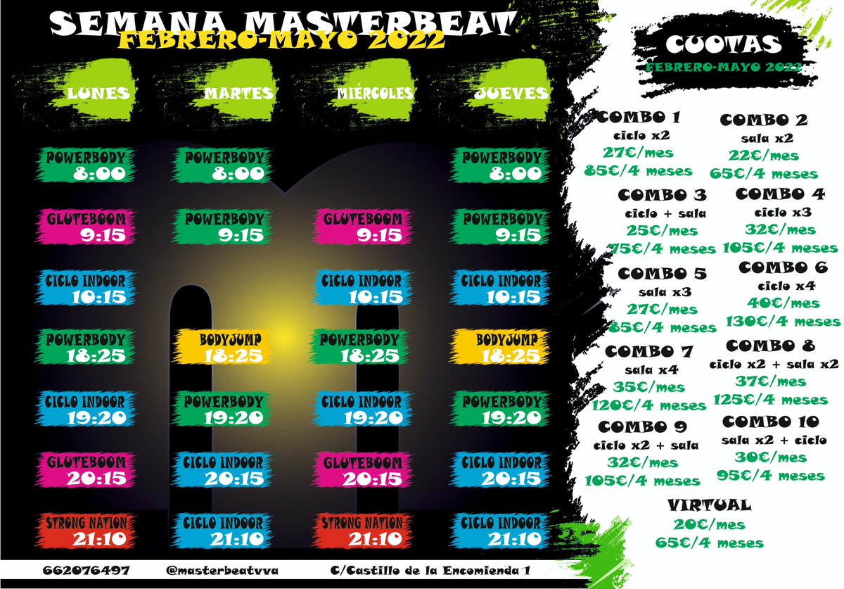 MasterBeatVva's tweet photo. ¡NUEVO HORARIO! Para reservar tu plaza, en el nº de teléfono que aparece en el cartel. https://t.co/mrTEp2uBEK