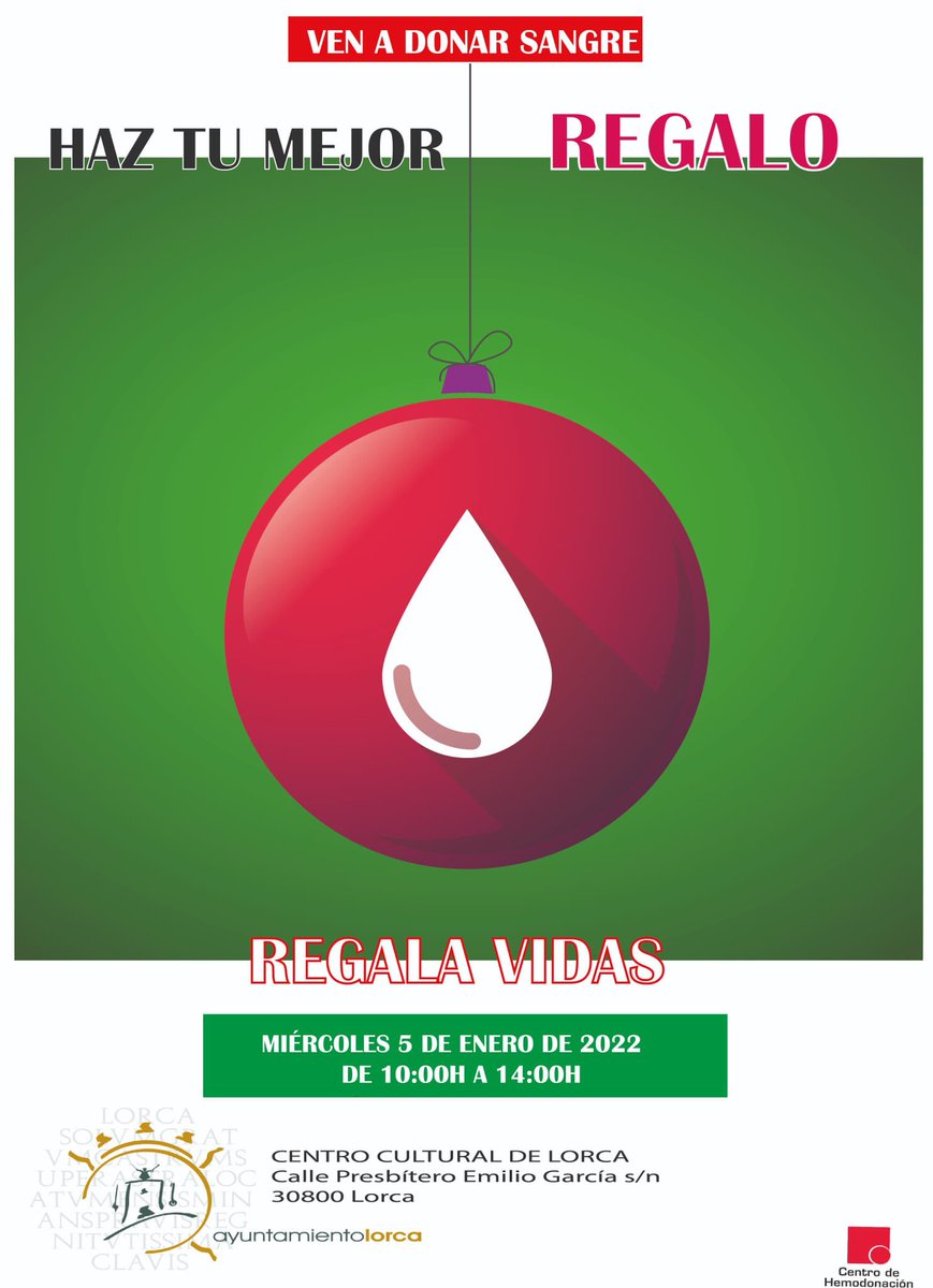 DonarSangreMU's tweet photo. Ya vienen los #ReyesMagos y el @AytoLorca les abre las puertas del Centro Cultural para que dejen el mayor regalo que se puede hacer❤️ de 10:00 a 14:00 os esperamos #Donasangre #ReglaVida si te llega un SMS no lo dudes…. Te necesitan https://t.co/UPPCh4xbKQ