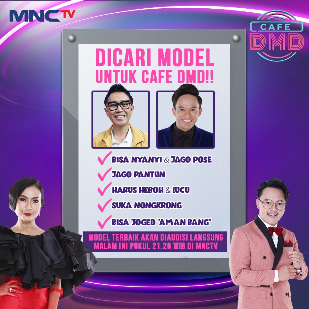 dmdmnctv's tweet photo. DICARI !! Model untuk Cafe @dmdmnctv 🎉 Siapa yang memenuhi kualifikasi dan akan jadi model heboh di #CafeDMD Malam ini ? 

Yok, saksikan kehebohannya di #CafeDMD Malam Ini LIVE pukul 21.20 WIB hanya di @Official_MNCTV . https://t.co/tyNRMwnH3w