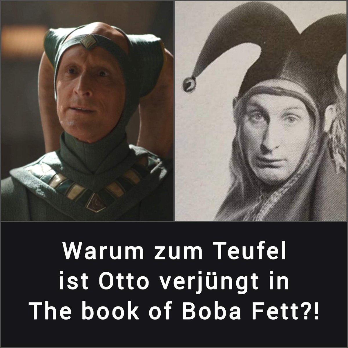 Chrisstainment's tweet photo. Ich habe da mal eine Frage an die Fans :

🤣

#starwara #bookpfbobafett #thebookofbobafett #tatooine #jabba @ottoause #twilek #doopelgänger #jung #youngversion #narr #disney #funny #lustig #kriegdersterne #mandalorianer #wüste #tvserie #disneyplus #streaming https://t.co/w4TkpaIQXb