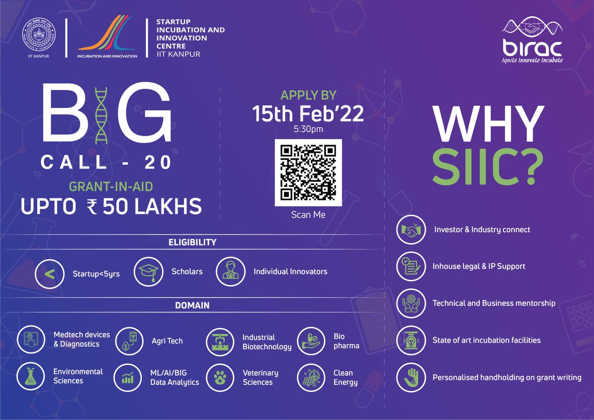 BIG 20th #Callforapplication 
@IncubatorIITK invites applications from startups and innovators working on products or ideas in the domain of #Biotechnology & other allied areas for BIG grant worth 50 Lakhs. 
Apply now - f6s.com/iitkbig-20-pre…