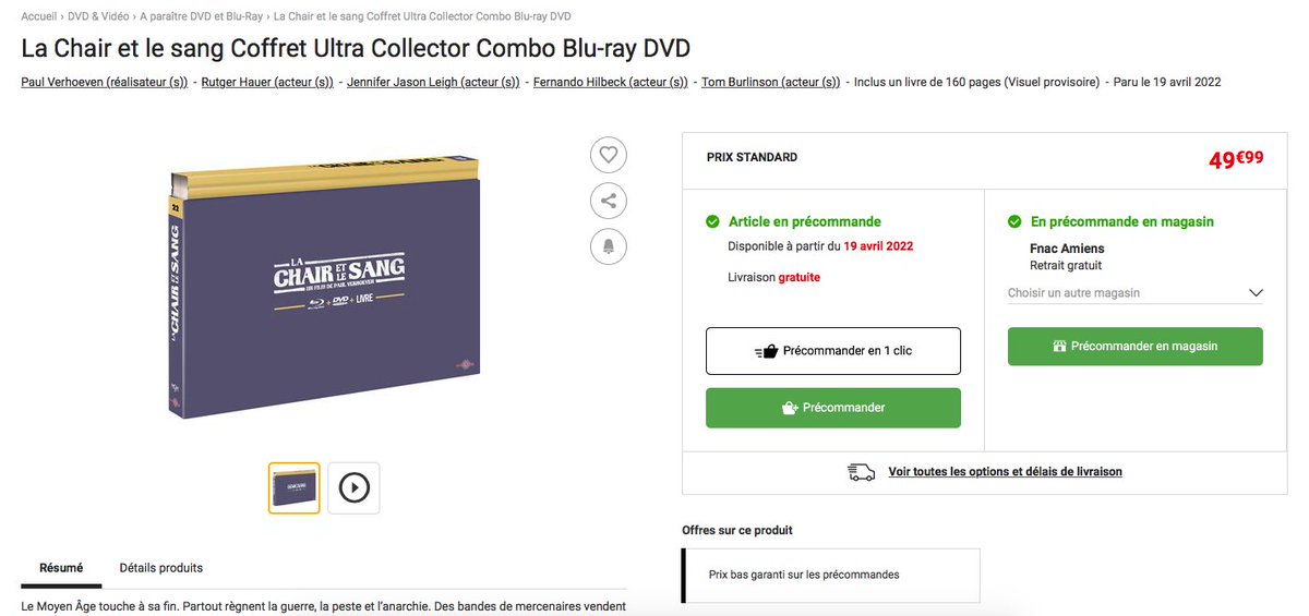 WilliamT3ssier's tweet photo. Tiens, je crois n'avoir rien vu du côté de @CarlottaFilms mais la @Fnac annonce le prochain #UltraCollector avec "La chair et le sang" de Paul Verhoeven le 19 avril ! https://t.co/rEcshCCkcv