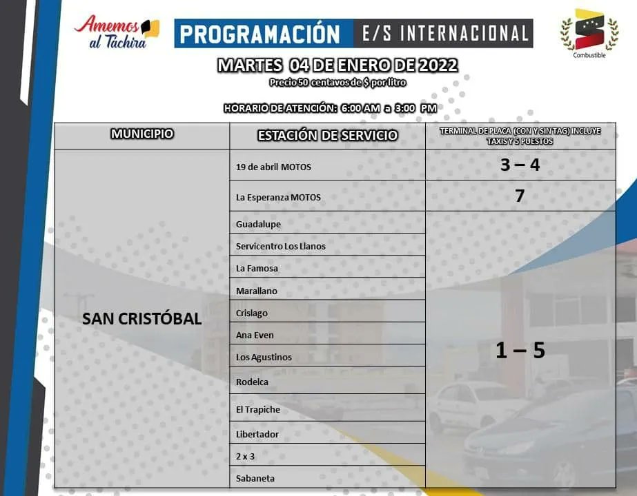 NellyverLugo's tweet photo. #GabineteDeCombustible || #04Ene MARTES Programación de E/S a precio internacional para el suministro de combustible  del estado #TACHIRA ⛽ https://t.co/KhwHszBMuj