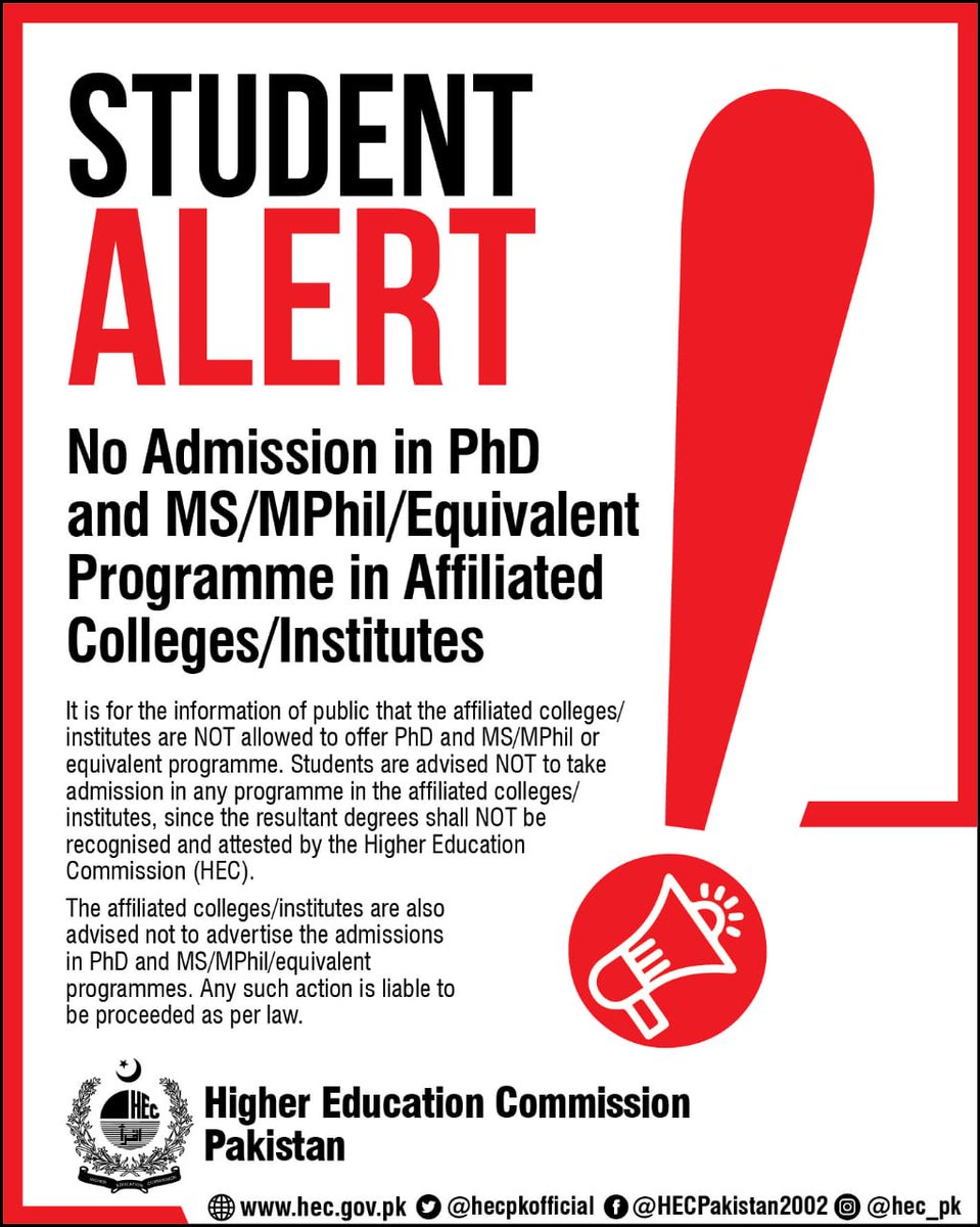 hecpkofficial's tweet photo. 𝐀𝐭𝐭𝐞𝐧𝐭𝐢𝐨𝐧 𝐒𝐭𝐮𝐝𝐞𝐧𝐭𝐬 !!

No Admission in PhD &amp; MS/MPhil/Equivalent Programmes in Aꜰꜰɪʟɪᴀᴛᴇᴅ Cᴏʟʟᴇɢᴇs ᴀɴᴅ Iɴsᴛɪᴛᴜᴛᴇs https://t.co/qpj0MO37Qk