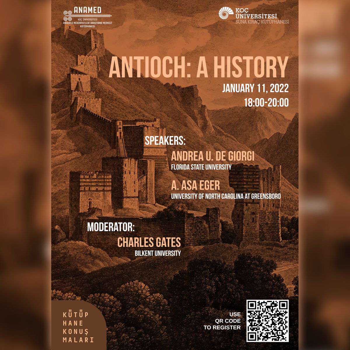 ANAMED Kütüphane Konuşmaları, 11 Ocak 2021 tarihinde Andrea U. De Giorgi ve A. Asa Eger ile devam ediyor. Bu konuşmada konuşmacılar, yeni yayımlanan “Antioch. A History” başlıklı kitaplarını tartışacaklar ve Antakya’nın çağlar boyu değişiminin teorik ve metodolojik temelleri