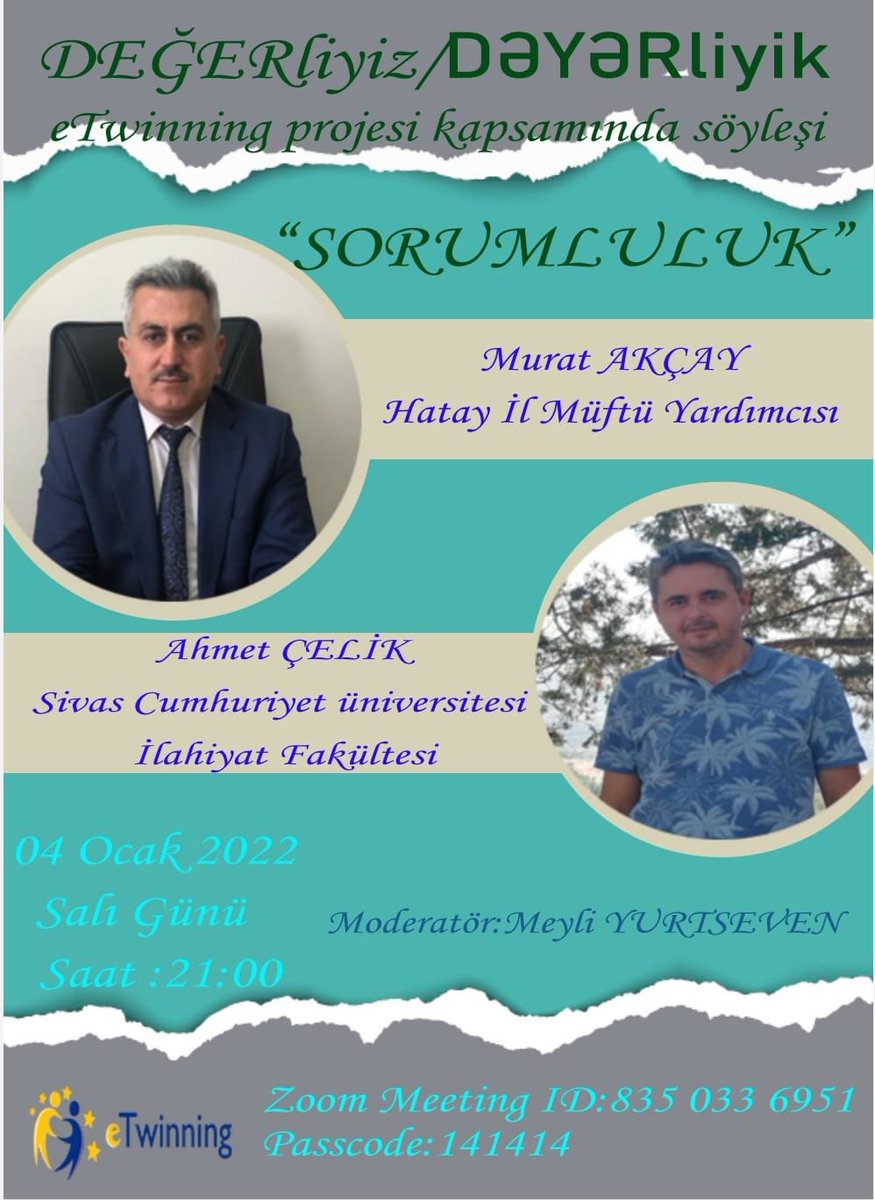 eTwProjects's tweet photo. Projemiz kapsamında gerçekleştireceğimiz Değerler Eğitimi/Sorumluluk konulu söyleşimize davetlisiniz..
@tretwinning @eTwinningEurope @eTwinningDestek #eTwAzerbaycan 
@zknytkn @anakrus05 @gurecinesli @gksusrn @HNeccarKizAIHL @trhnksmet @gsakalli1 @TOKIATAKENT1 https://t.co/7duygbwO6q