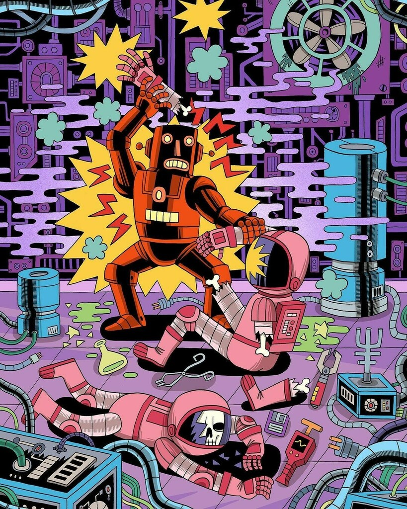 'Robot Attack' by Jack Teagle (@jackteagle)
•
#jackteagle #scifiart #characterdesign #worksonpaper #illustrationlove #sciencefiction #robotart #penandink #illo #artlovers #scifiilustration #robotlovers instagr.am/p/CYTx3ZgKDep/