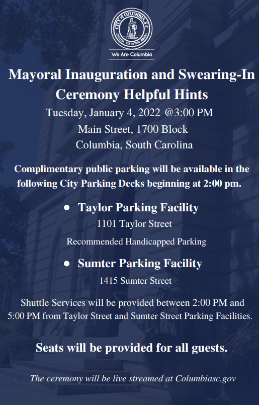 ColaParking's tweet photo. Mayoral Inauguration &amp; Swearing-in Ceremony Parking and Shuttle Services! #WeAreColumbia #CityofColumbia https://t.co/mnTDDCtner
