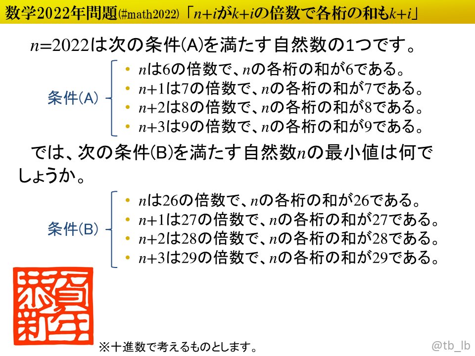 tb_lb's tweet image. #ポロロッカ 西暦を織り込んだ数学・パズルの問題 #math2022 です。2022が4連続ハーシャッド数の先頭の数であることに着想を得て、こんな問題に仕上げてみました。
pororocca.com/problem/1046/