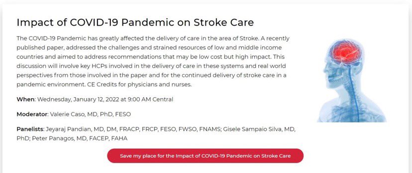 We start the new year strong with a free joint #webinar with <a href="/American_Heart/">American Heart Association</a> 

✅#Impact of #Covid_19 Pandemic on #Stroke Care 

📆January 12, 9:00AM Central
🔉Moderator <a href="/caso_valeria/">valeria caso</a> 

🗣
🧠<a href="/jeyaraj_pandian/">Jeyaraj Pandian</a>
🧠<a href="/GiseleSampaioS/">Gisele Sampaio</a>
🧠<a href="/panagos_peter/">Peter Panagos, MD</a> 

Register 👉world-stroke-academy.org/webinars/impac…