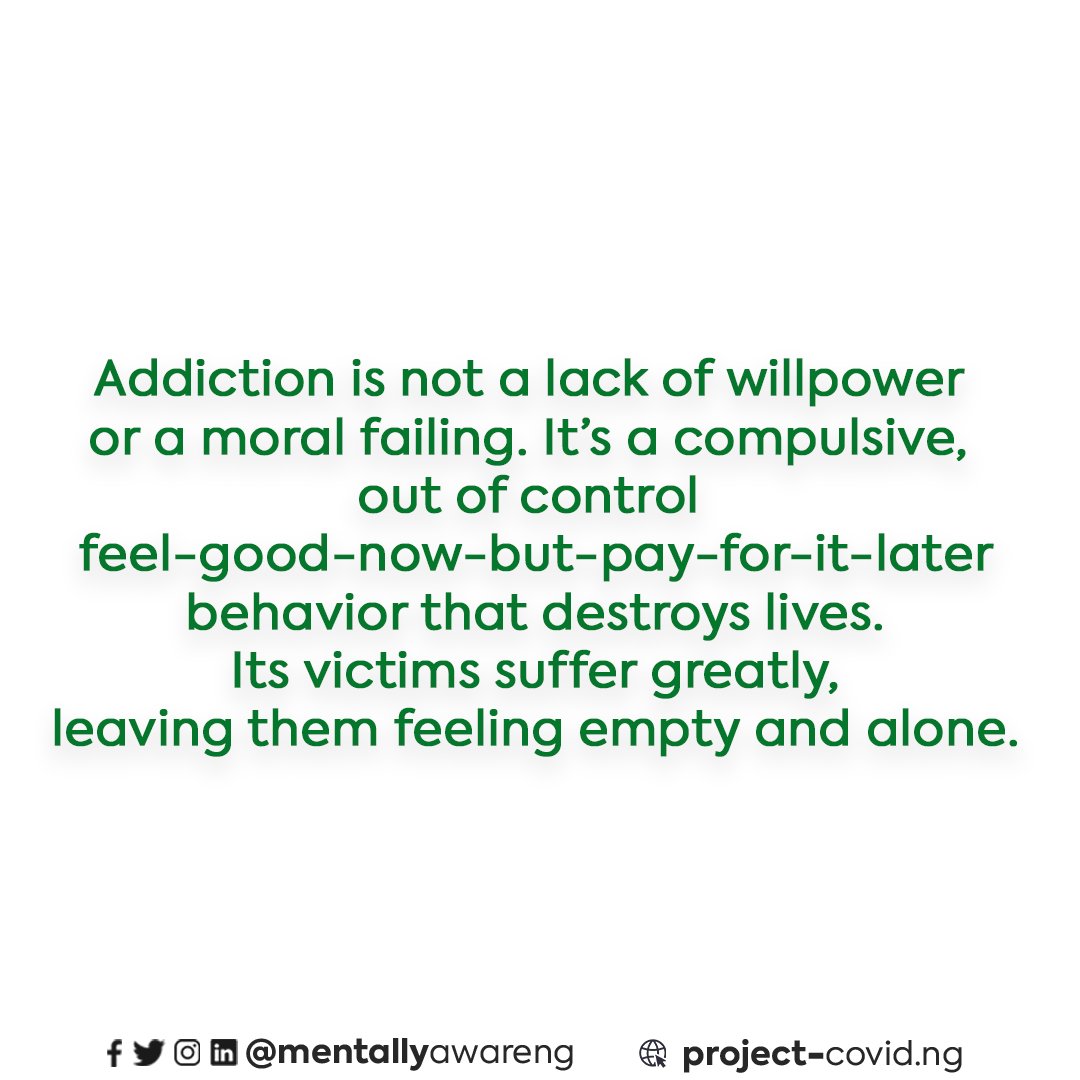 MentallyAwareNG's tweet photo. Addiction is a mental health disorder that has a negative impact not only on those who go through it but also on their friends and family. If you or a loved one is struggling with addiction, do not hesitate to ask for help.
#SurvivingAddiction #RealityOfAddiction https://t.co/wcUzRcYPvD