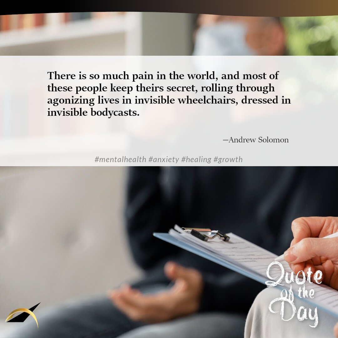 AlphaBehavioral's tweet image. There is so much pain in the world, and most of these people keep theirs secret, rolling through agonizing lives in invisible wheelchairs, dressed in invisible bodycasts. Andrew Solomon #mentalhealth #anxiety #healing #growth abccenterinc.com/contact.html?z…