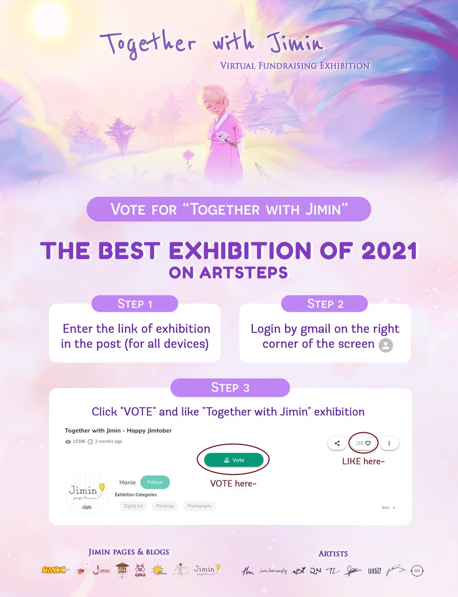 jiminieHanie's tweet photo. "TOGETHER WITH JIMIN" EXHIBITION WAS NOMINATED AS THE BEST EXHIBITION IN 2021 ON ARTSTEPS 
Hi guys,#TogetherwithJimin has gone into top 30 ones which was most visited. If this exh win, I will use the reward to support Jimin for the next project
Link vote: https://t.co/dlpucVEMFi https://t.co/5K4lMZTHeD