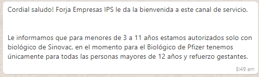 Rossanago0's tweet photo. @ForjaEmpresas Recibi esta informacion por el canal de Whatsapp. Mi sobrino tiene cinco años y fue vacunado en Estados Unidos con la primera dosis de Pfizer. Me dijeron que el ente encargado no ha dado autorización para aplicar ese biológico para menores de 3 a 11 años, únicamente Sinovac. https://t.co/iJIka1S7Yk