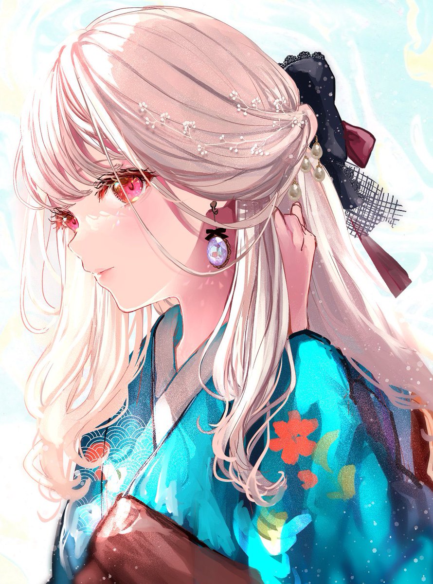 1girl solo japanese clothes earrings jewelry kimono red eyes  illustration images