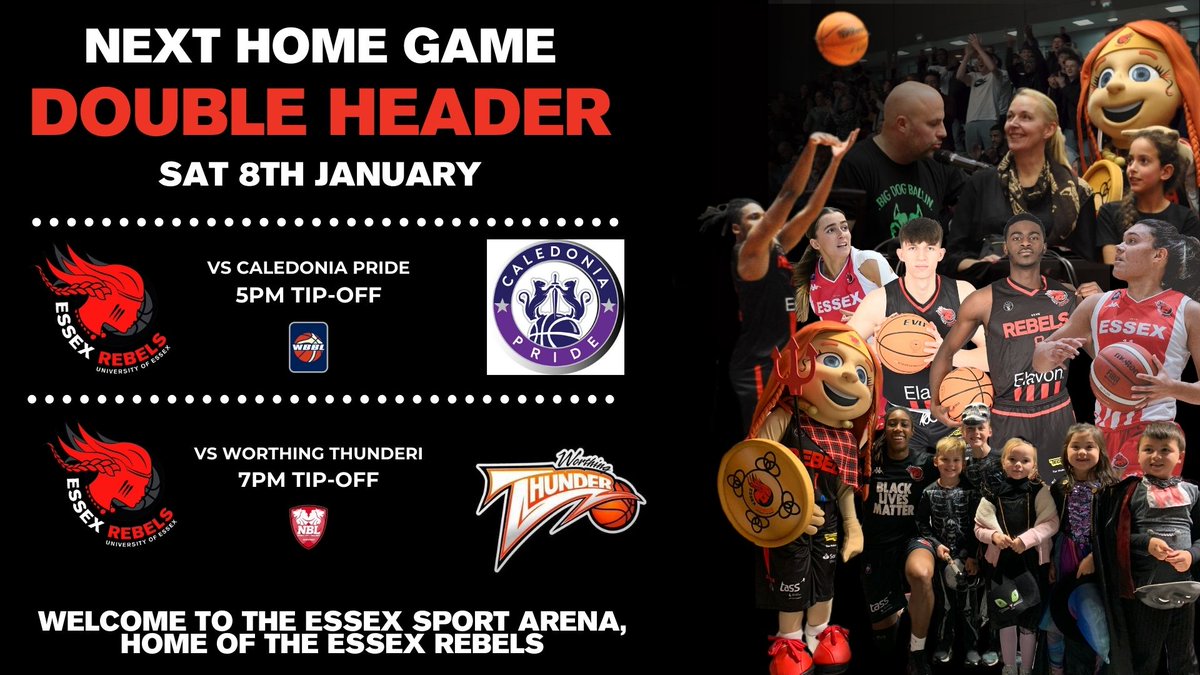 Essex Rebels Basketball (@essexrebels) on Twitter photo 📢🏀Welcome to 2022 and our first games of the New Year! 👏
We are very excited to be back on court THIS Saturday, 8th Jan. at the Essex Sport Arena!
Doors Open 4pm
Women tip 5pm
Men tip 7pm
🎟️Tickets on Eventbrite NOW!
<a href="/Uni_of_Essex/">University of Essex</a> @WBBLofficial <a href="/NBLengland/">NBL</a> <a href="/TheGazette/">The Gazette</a> 📢🏀Welcome to 2022 and our first games of the New Year! 👏
We are very excited to be back on court THIS Saturday, 8th Jan. at the Essex Sport Arena!
Doors Open 4pm
Women tip 5pm
Men tip 7pm
🎟️Tickets on Eventbrite NOW!
<a href="/Uni_of_Essex/">University of Essex</a> @WBBLofficial <a href="/NBLengland/">NBL</a> <a href="/TheGazette/">The Gazette</a>