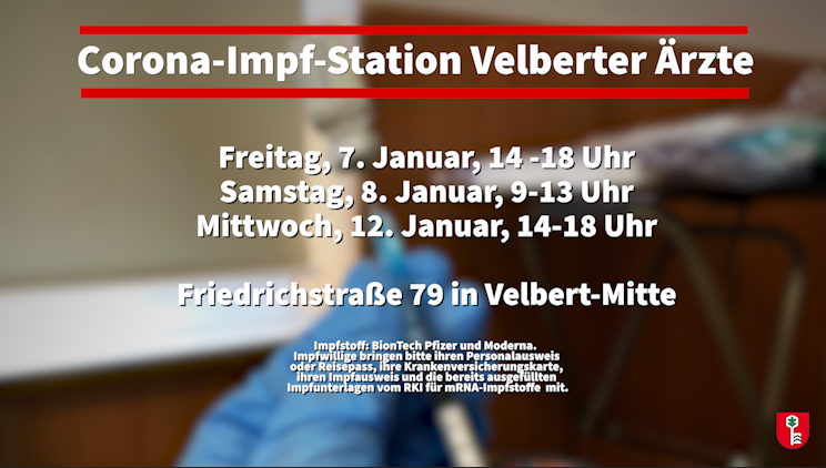 stadt_velbert's tweet photo. Eine weitere dezentrale #Corona #Impfstation startet in #Velbert am Freitag, 7. Januar um 14 Uhr, mit einem zusätzlichen #Impfangebot. Geimpft wird dreimal wöchentlich.
Mehr dazu: https://t.co/BiDZUUmu1T https://t.co/bfdlS7QEFK