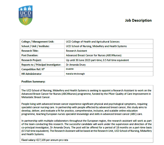 druryal's tweet photo. We are advertising TWO part-time research assistant positions @ucdsnmhs in cancer care.
Post 1: ABC4Nurses - Ref 014059 - 18 months.
Post 2: CanSurPPI - Ref 014060 - 5 months.
Full details at https://t.co/szYZbsBk73 
Closing 18/01/2022. 
#LoveIrishResearch https://t.co/toNRZvTrmi