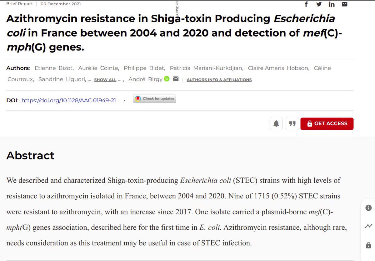 #papersofthemonth
<a href="/ASMicrobiology/">ASM</a> : "#Azithromycin resistance in Shiga-toxin Producing #Escherichia_coli in France between 2004 and 2020 and detection of mef(C)-mph(G) genes." <a href="/claire_amaris/">ClaireAmaris_Hobson</a> <a href="/Bridier_Nahmias/">Antoine Bridier-Nahmias</a> <a href="/weill_xavier/">Weill François-Xavier</a> 

doi.org/10.1128/AAC.01…