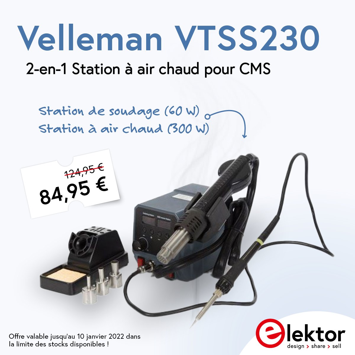 ElektorFR's tweet image. 🔴Velleman VTSS230 Station à air chaud pour composants CMS (2 en 1) 
💰 Économisez 32%
L'outil parfait pour souder et dessouder des composants SMD 
➡️ bit.ly/3mUB6Dh  
#soldering #smd #smdcomponents #solderingstation #electronics #smd #electronique