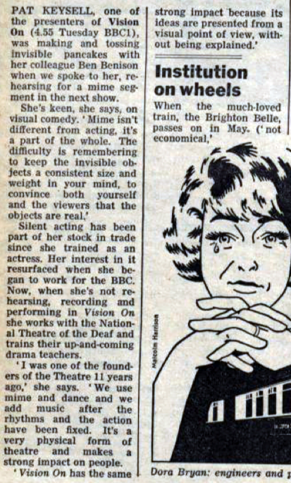 BraxM's tweet photo. She was the friendly face of my favourite TV show, the spectacular Vision On, and helped to bridge the gap between hearing and non-hearing viewers, with mime and sign language, as well as artistic input. And that's why #PatKeysell is my Unsung TV Hero no #16. @RNID https://t.co/PjVUzbAxOI