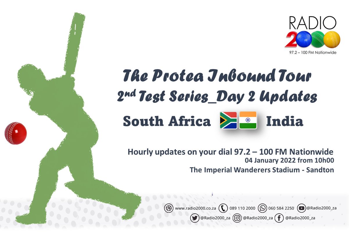 Radio2000_ZA's tweet photo. Protea Inbound tour #Day2 | #SecondTestSeries #SAvsIND End of #firstsession
#IND 202 after 63.1 overs
#SA 102/3 | 44.2 overs
SA trails by 100 Runs
Hourly updates on @Radio2000_ZA 97.2-100FM Nationwide https://t.co/ro8V7QvmPt