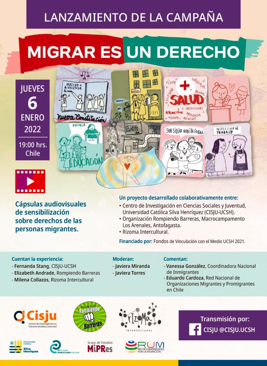 Este jueves 06/01 a partir de las 19:00 horas: Lanzamiento de la campaña "Migrar es un derecho", proyecto colaborativo en que participa la Universidad Católica Silva Henríquez (<a href="/UCSH_oficial/">UCSH</a>), institución que forma parte de <a href="/rumigracion/">Red de Universidades por la Migración</a>
¡Tod@s invitad@s!
