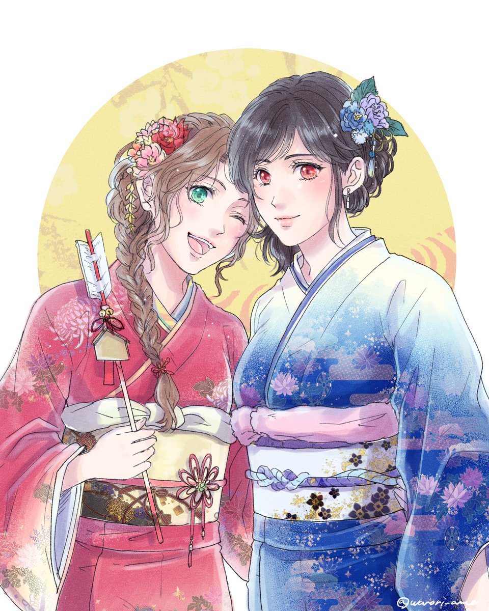 aerith gainsborough ,tifa lockhart multiple girls 2girls hair ornament japanese clothes kimono red eyes flower  illustration images