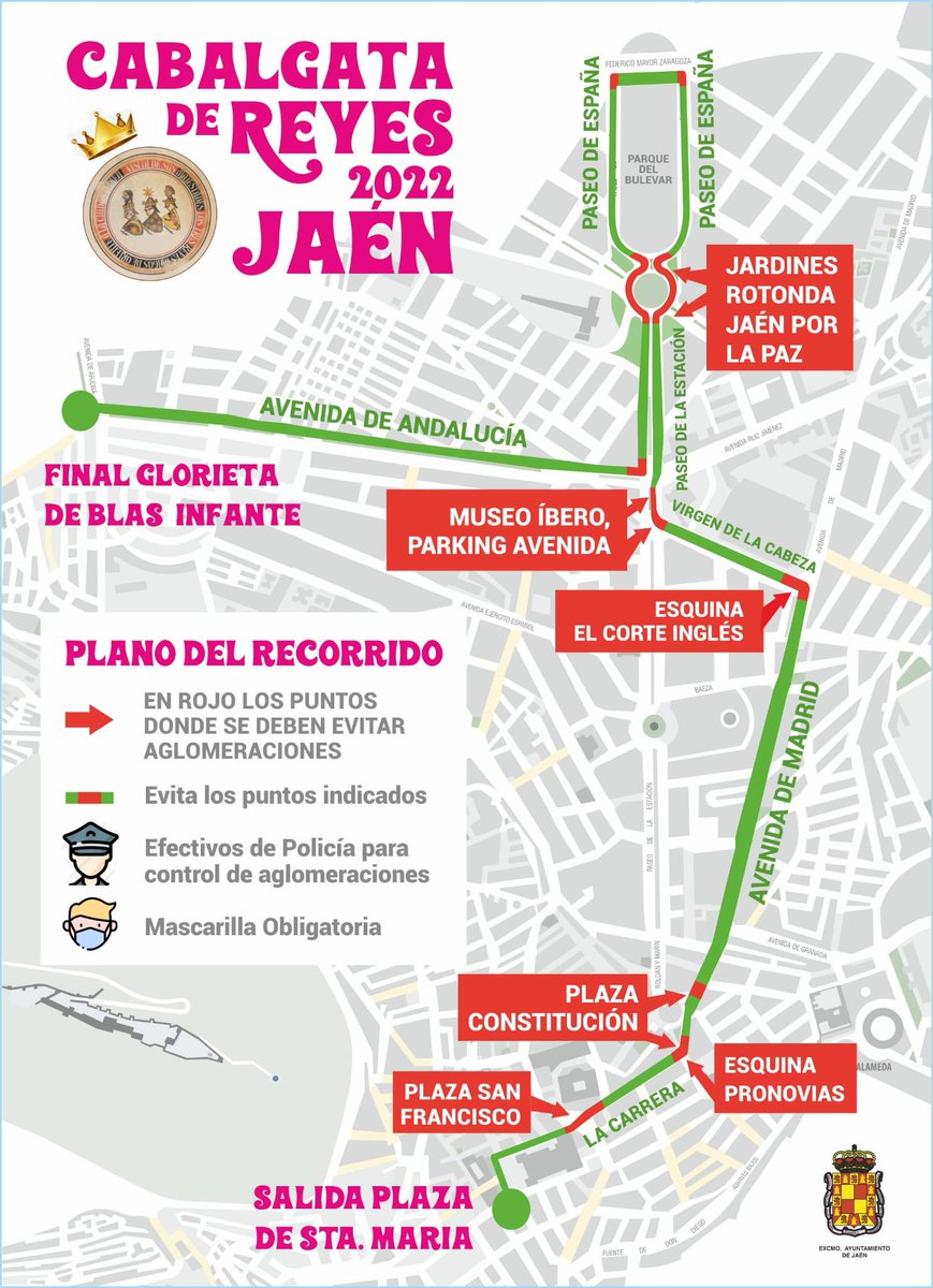 AytoJaen's tweet photo. Recorrido Cabalgata de Reyes de Jaén👑💫 Una tarde #mágica, para que disfrutéis tanto los mayores como los más peques

🕒17h a 22h - dispositivo especial de #seguridad y #prevención 😷

Recuerda‼️ EVITA los puntos ‘calientes’📍que se indican en ROJO

📲Comparte y llévala contigo! https://t.co/YO4Ane2s3J