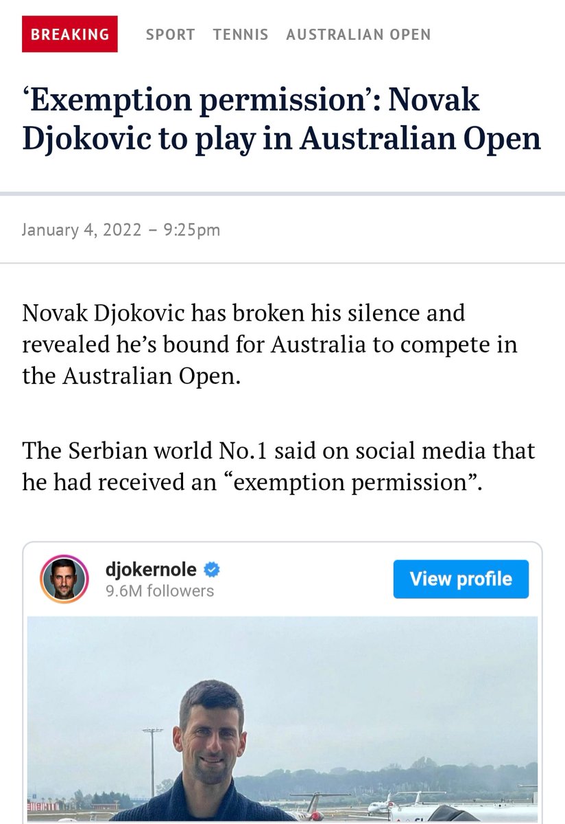 I don't care how good a tennis player he is. If he's refusing to get vaccinated, he shouldn't be allowed in. If this exemption is true, it sends an appalling message to millions seeking to reduce #COVID19Aus risk to themselves &amp; others. #Vaccination shows respect, Novak.