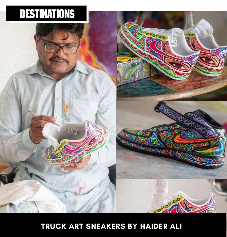 DestinationsPk's tweet photo. How gorgeous are these #TruckArt sneakers by Haider Ali? 😍
Haider Ali is a Pakistani painter best known for his work as a truck artist. Around the world, he has painted murals, structures, benches, &amp; trucks in the distinctive truck art style of Pakistan. 
#DestinationspkDaily https://t.co/lS5lK6LHuu