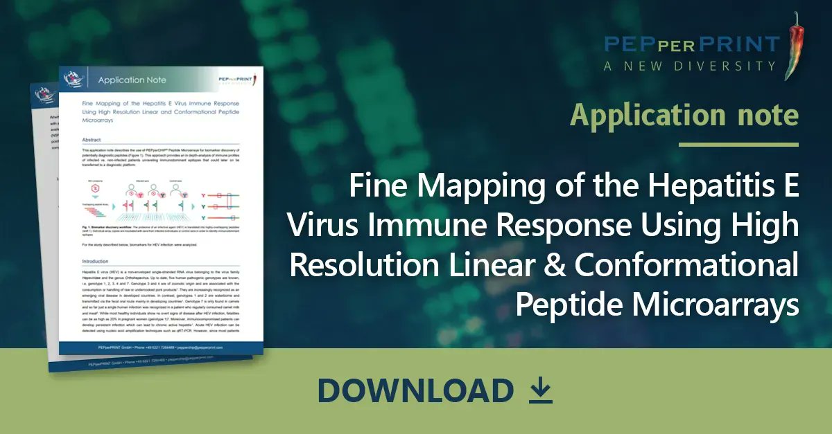 PEPperCHIP's tweet image. By performing immune profile analyses of HEV infected and non-infected patients using #PeptideMicroarrays, we identified immunodominant epitopes as infection #biomarkers that could later be transferred to a diagnostic platform. Read to learn how we did it: buff.ly/3Hw4veM