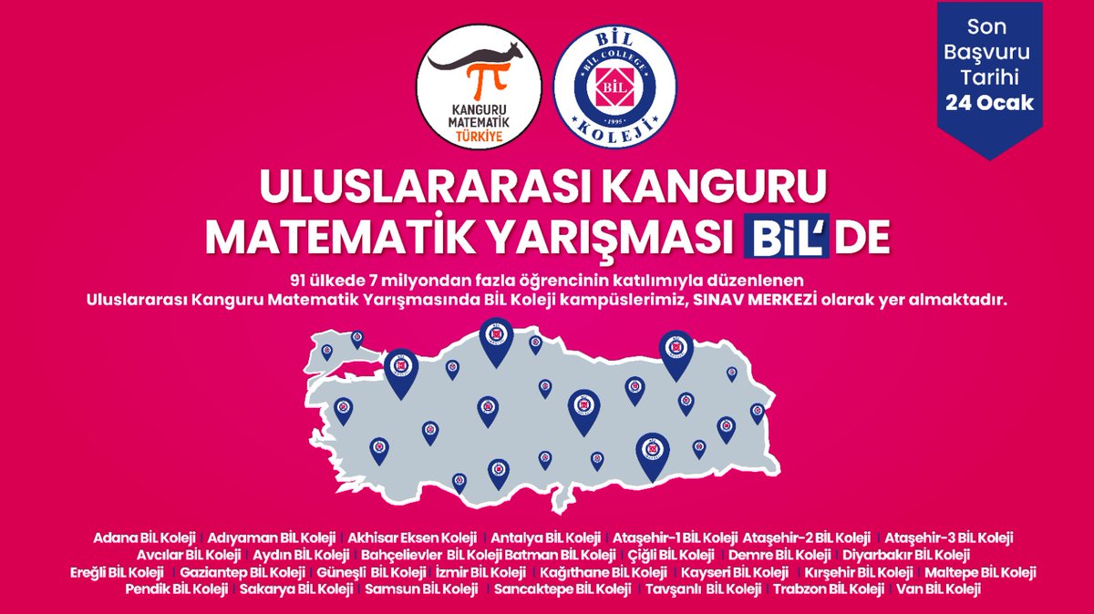 ULUSLARARASI KANGURU
MATEMATİK YARIŞMASI BİL'DE!

91 ülkede 7 milyondan fazla öğrencinin katılımıyla düzenlenen Uluslararası <a href="/MathKanguru/">Kanguru Matematik TR</a> Yarışmasında BİL Koleji kampüslerimiz, SINAV MERKEZİ olarak yer almaktadır.

SON BAŞVURU TARİHİ
24 OCAK 2022