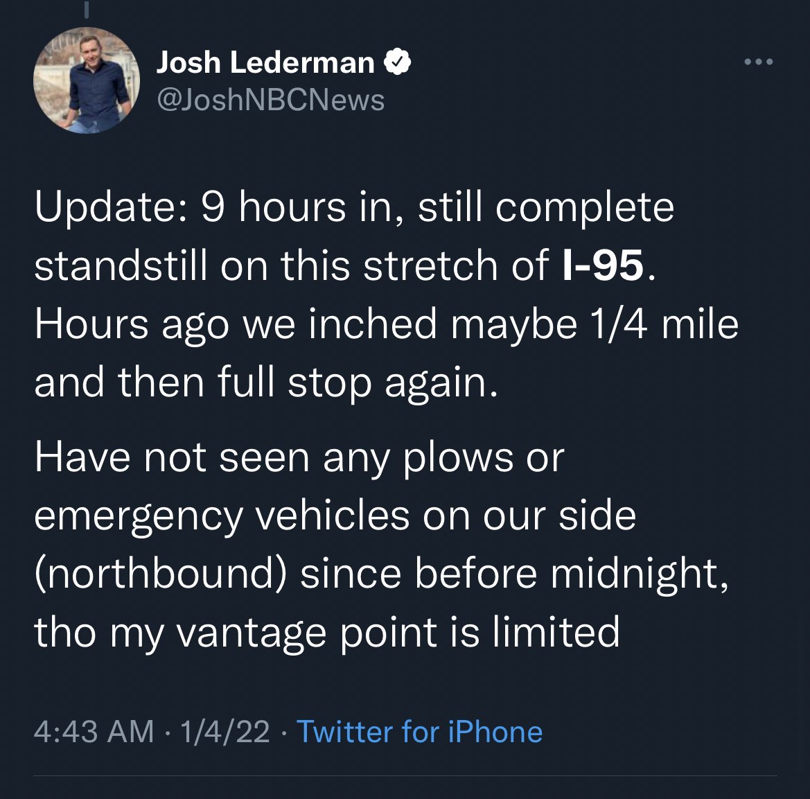 RVAwonk's tweet photo. People have been stuck on I-95 in Virginia for 15+ hours and they’re still sitting there as I type this. Temperatures are well below freezing and some of these people have run out of food, water, and gas. https://t.co/pidtcE3GVy