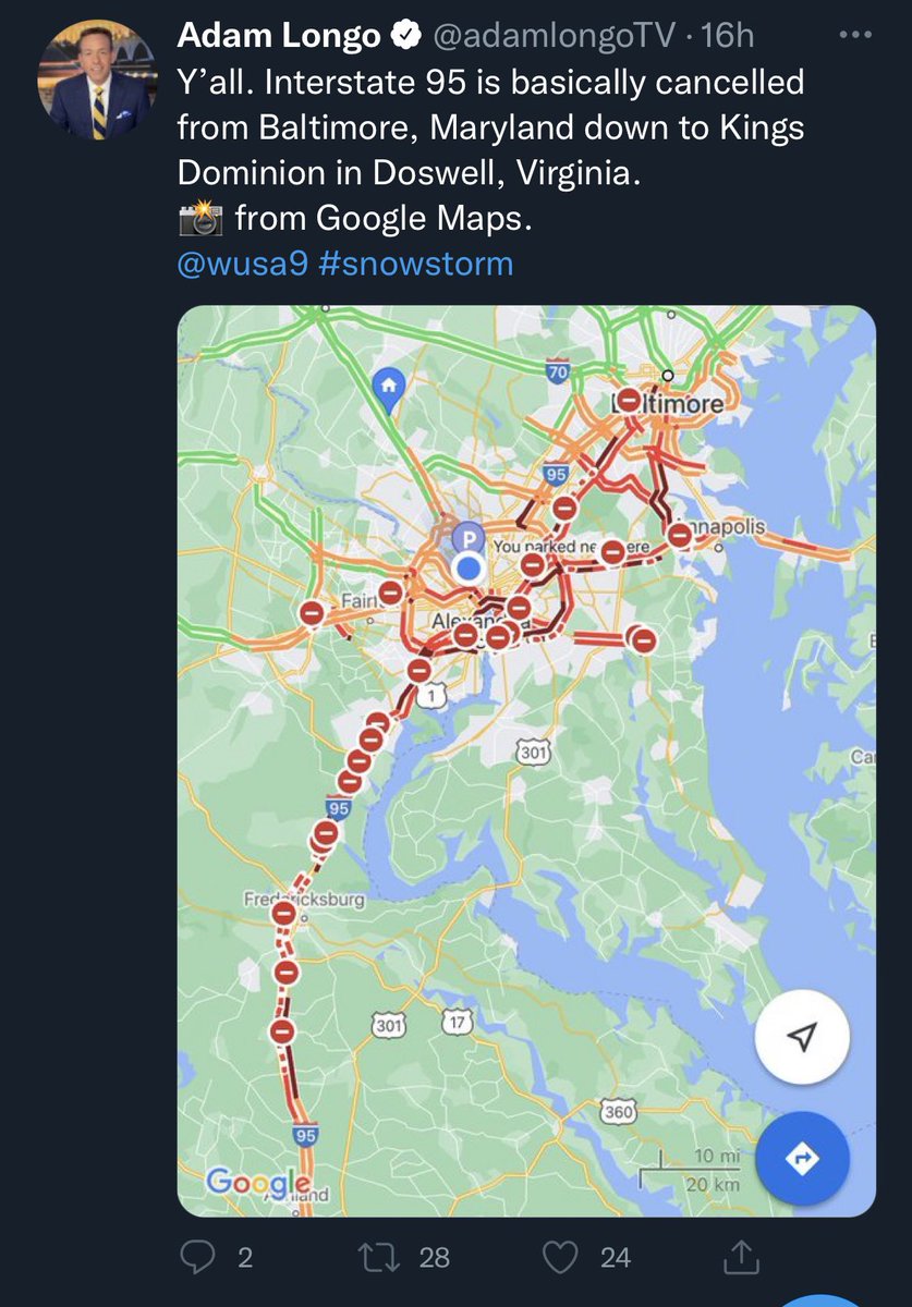 RVAwonk's tweet photo. People have been stuck on I-95 in Virginia for 15+ hours and they’re still sitting there as I type this. Temperatures are well below freezing and some of these people have run out of food, water, and gas. https://t.co/pidtcE3GVy