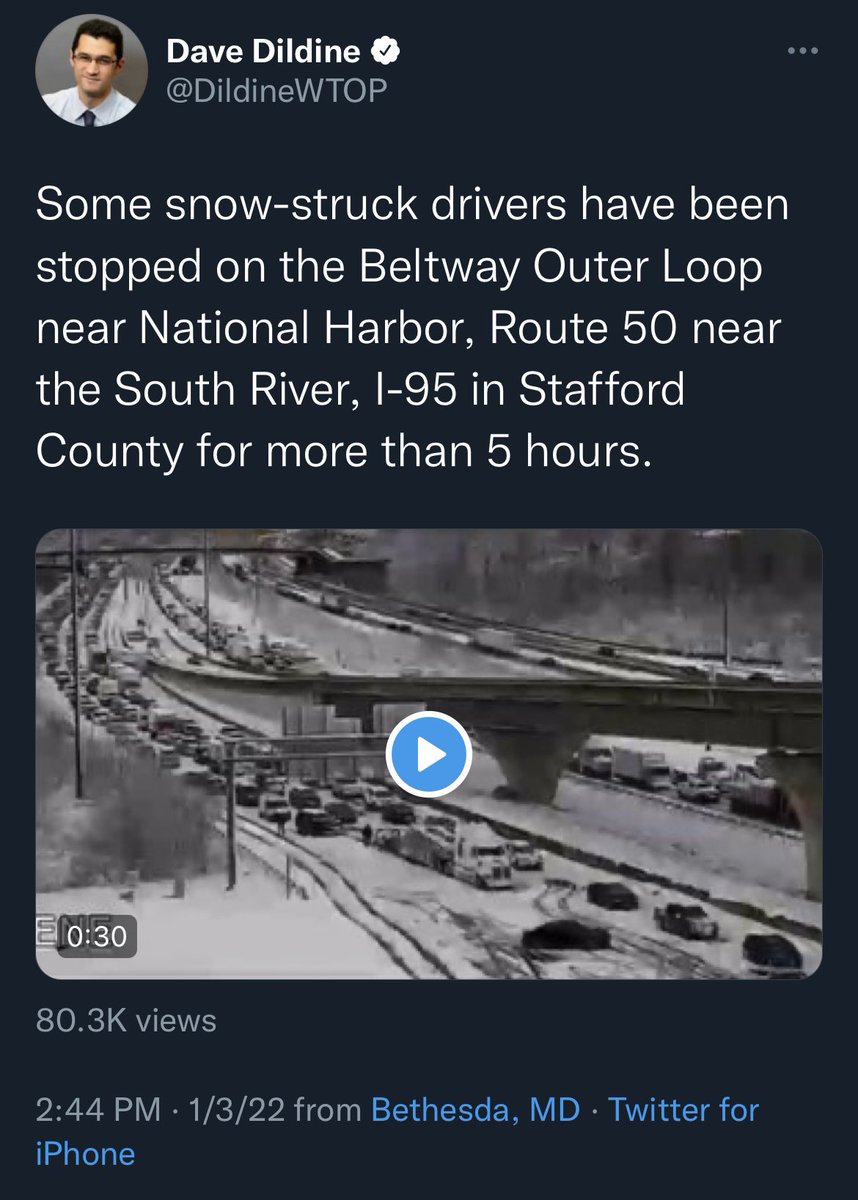 RVAwonk's tweet photo. People have been stuck on I-95 in Virginia for 15+ hours and they’re still sitting there as I type this. Temperatures are well below freezing and some of these people have run out of food, water, and gas. https://t.co/pidtcE3GVy