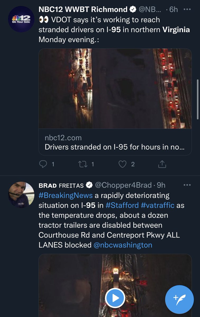 RVAwonk's tweet photo. People have been stuck on I-95 in Virginia for 15+ hours and they’re still sitting there as I type this. Temperatures are well below freezing and some of these people have run out of food, water, and gas. https://t.co/pidtcE3GVy