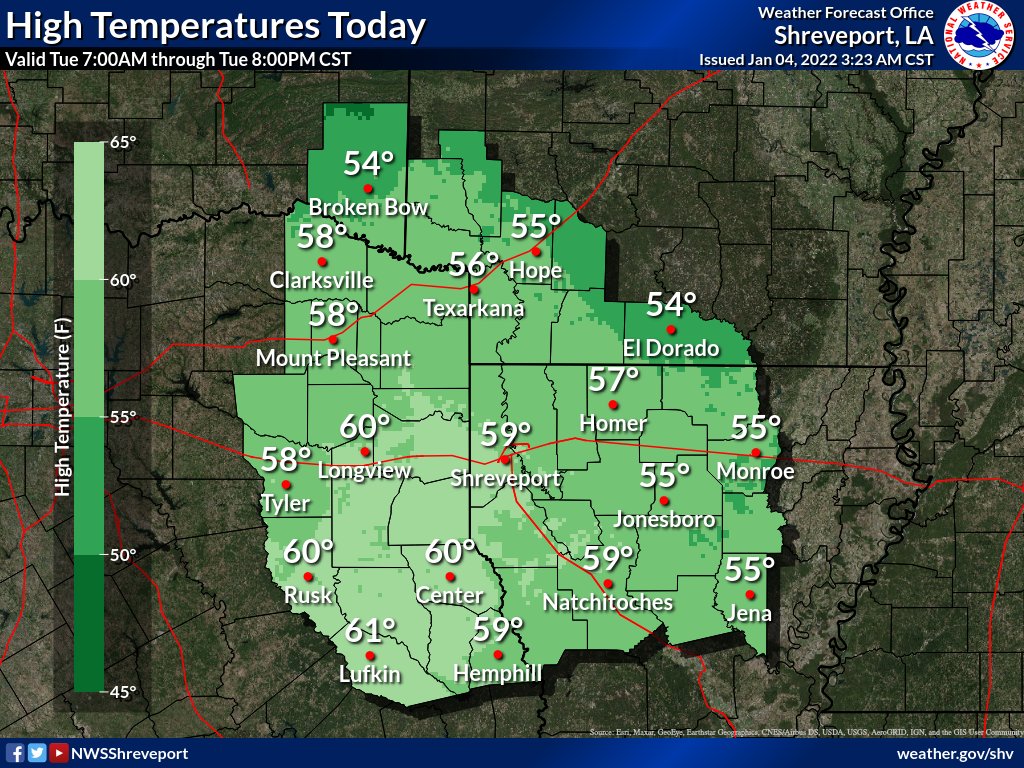 NWSShreveport's tweet photo. Warmer today across the Four State Region with the aid of southerly winds.  Afternoon high temperatures today will range from the middle 50s northeast to the lower 60s southwest.  #Okwx #Arwx #Lawx #Txwx https://t.co/s26emgO6Zl