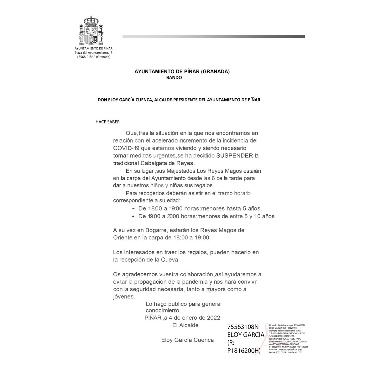 🔴 ¡URGENTE! ❌Debido a la alta incidencia de casos de Covid, se suspende la tradicional Cabalgata de Reyes y, en su lugar, se celebrará un acto de entrega de juguetes organizado, cumpliendo con las medidas de seguridad, en la carpa municipal de #Píñar y #Bogarre#HacemosPíñar ❤