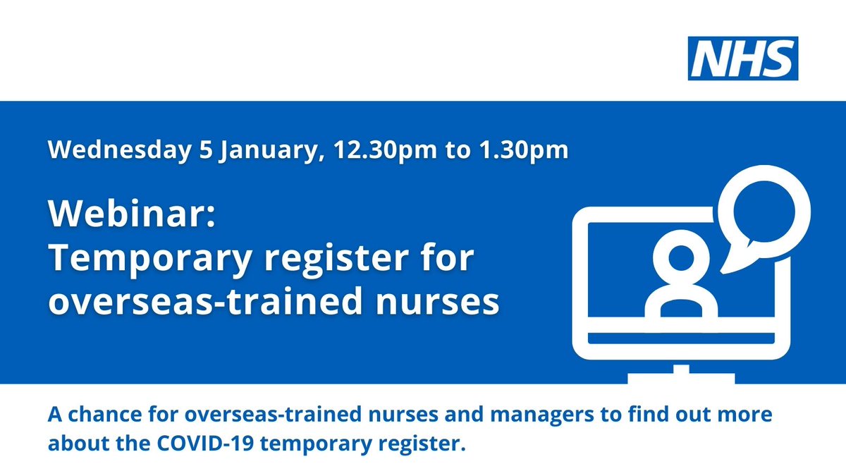 If you're an overseas-trained nurse working in the NHS and on a pathway to full NMC registration, you can join this webinar tomorrow to find out more about the #COVID19 temporary register. Managers can also sign-up. ⬇️ #teamCNO #InternationalNurses events.england.nhs.uk/events/the-tem…