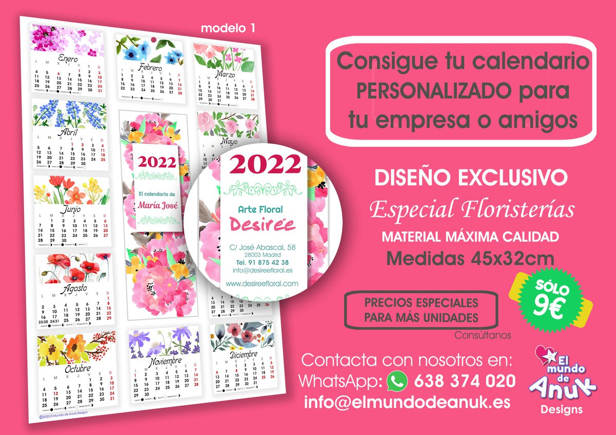 Llena con flores y color el 2022🌹🌼🌺🌷 Elige tu calendario PERSONALIZADO para ti, tus clientes o amigas.
PRECIOS ESPECIALES PARA MÁS UNIDADES. Contacta con nosotros para más información en elmundodeanuk@gmail.com o en 638 37 40 20 Estaremos encantados de atenderte :)
💐💐💐💐💐