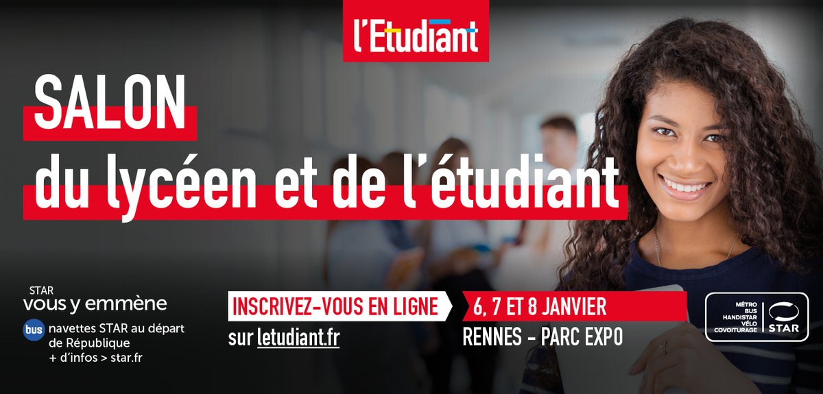 [Évènement] Salon du Lycéen et de l’Étudiant 2022 👩‍🎓

Du 6 au 8 janvier, montez à bord de la ligne 57 ou des navettes spéciales pour vous rendre au Salon du Lycéen et de l’Étudiant, au @ParcExpoRennes. 

🔗 ow.ly/h5G950HmC9S

#Rennes <a href="/letudiant/">l'Etudiant</a> <a href="/letudiantsalon/">L'Etudiant Salons</a>