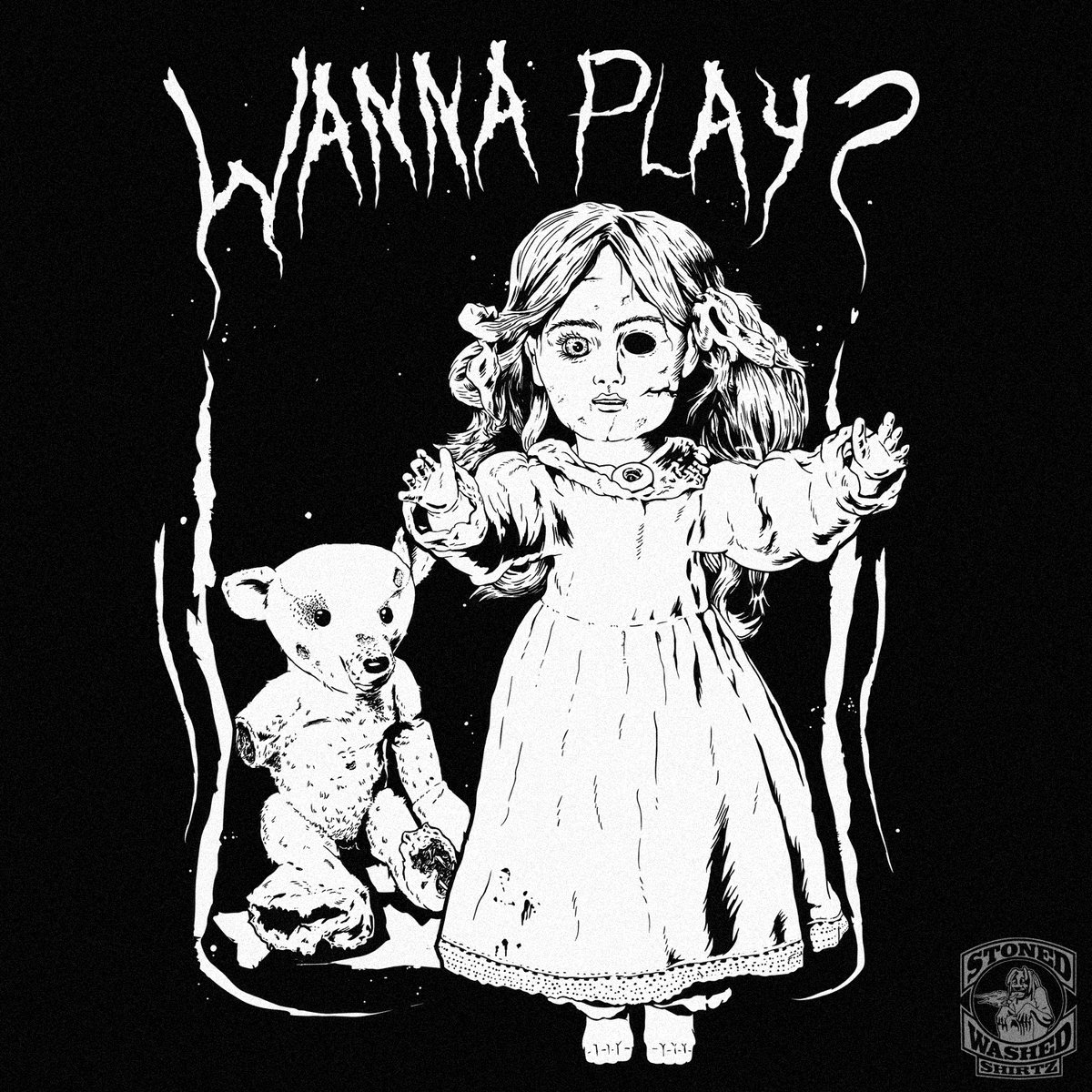 Dieses knuffige Püppchen und der drollige Teddy werden schon bald auf Ladyshirts und auch auf Lady-Hoodies gedruckt. 
#shirtdesign #illustration #Motiv #wannaplay #darkart #gothic #punk #metalart #darkillustration #macabre #morbid #scary #doll #teddy #toys #rundown #abandoned