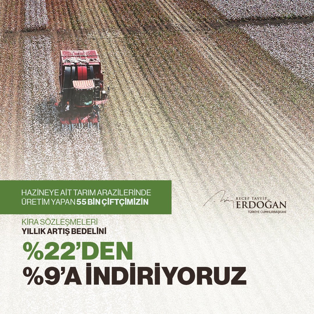 Buradan, hazineye ait tarım arazilerini kirayla kullanan çiftçilerimize bir müjde vermek istiyorum.

Daha önceden ecrimisil bedelinin yarısına çiftçilerimize kiraladığımız hazine arazilerimizin yıllık kira artış bedelini %22’den %9’a indiriyoruz.