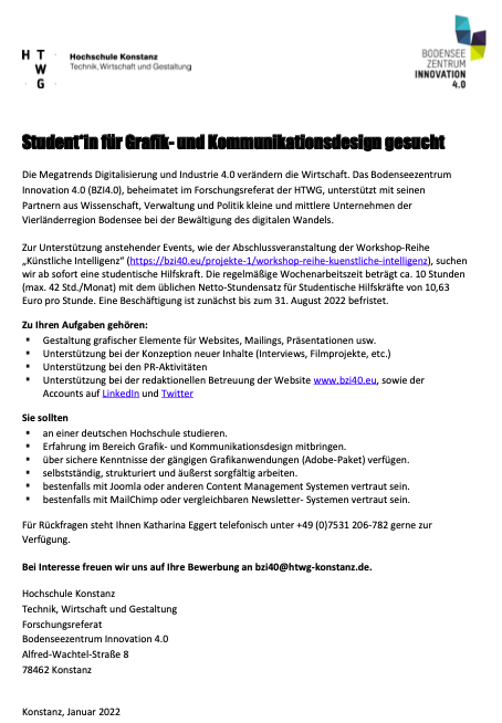 Wir suchen ein/e Student*in für Grafik- und Kommunikationsdesign für unser Team!

Weitere Informationen finden Sie hier: bit.ly/3JGa3VZ