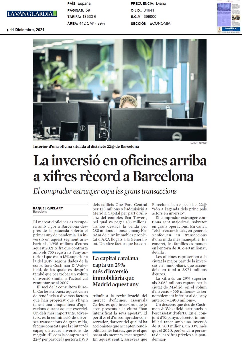 Supongo que es un signo más de la decadencia de Barcelona: en el 2021 ha atraído un tercio más de inversión hacia oficinas que Madrid que le dobla en tamaño.