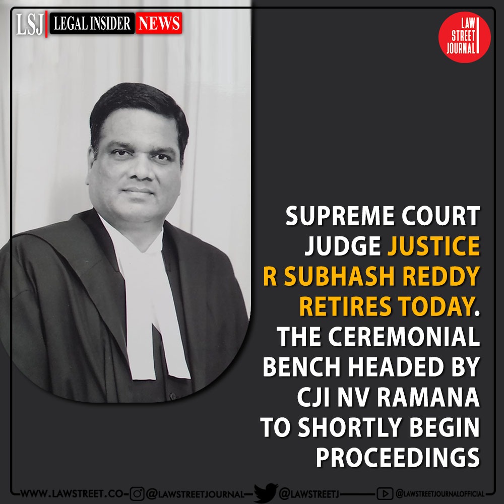 LawstreetJ's tweet photo. Supreme Court judge Justice R Subhash Reddy retires today. The ceremonial bench headed by CJI NV Ramana to shortly begin proceedings.
.
.
@LawstreetJ  #LSJexecutive #LawstreetJournal #Lawstreetbharat #JusticeRSubhashReddy #judgeretreat #Supremecourt https://t.co/hKkr8L8hB2