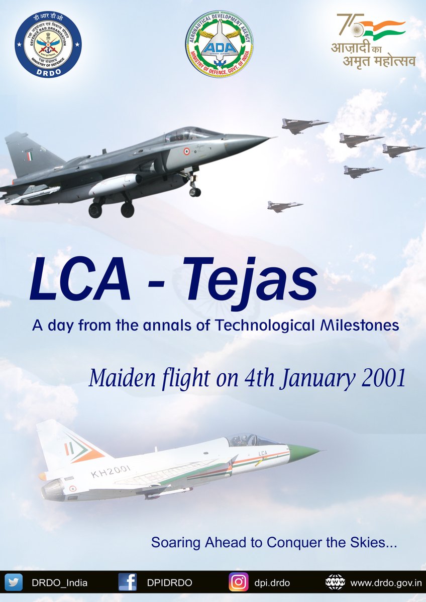 Fueled with aspirations, indigenously developed #LightCombatAircraft 'Tejas' took to the skies for the first time on 04 Jan 2001 and left a lasting imprint on the Indian Aeronautics & Defence sector.  #LeapWithDRDO
#ADADRDO
#AtmaNirbharta @IAF_MCC @HALHQBLR