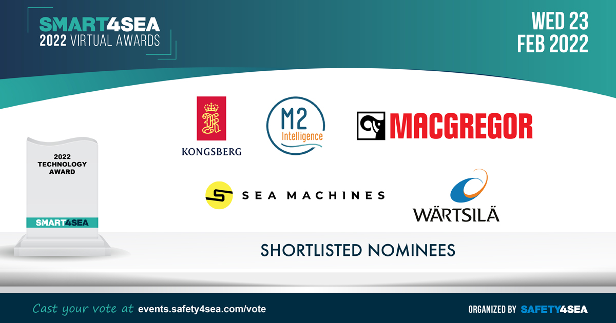 safety4sea's tweet photo. Last chance to cast your vote for the #2022SMART4SEA Technology Award! ▶️ https://t.co/5ymgCU2DRB

The shortlisted nominees are:
▶️@kognifai
▶️#M2Intelligence
▶️@MacGregorGlobal 
▶️@SeaMachines
▶️@WartsilaVoyage https://t.co/UIH34GspaX